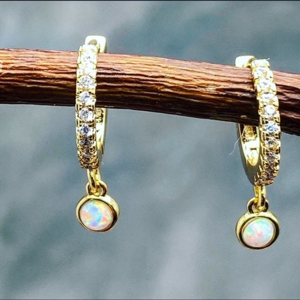 Gold hoops Opal earrings Pavé with crystals